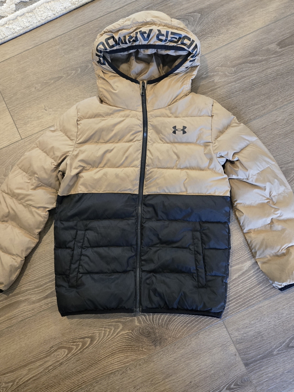 Under Armour Kids Two-Tone Tan and Black Puffer Jacket with Hood
